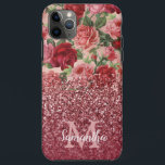 Rose Gold Glitter Vintage Red Pink Rose Floral iPhone 11 Pro Max Case<br><div class="desc">Chic, Elegant, Vintage, Pink, Pale violet red, rose floral personalized name and monogrammed iphone case. Romantic, girly design features vintage floral in pink, pale violet red roses background and a bottom dark rose gold and burgundy glitter overlay. You can customize with your name and monogram initial. If you do not...</div>