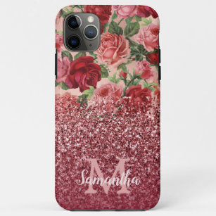 Rose Gold Glitter Vintage Red Pink Rose Floral Case-Mate iPhone Case