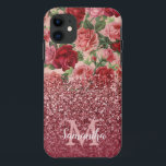 Rose Gold Glitter Vintage Red Pink Rose Floral iPhone 11 Case<br><div class="desc">Chic, Elegant, Vintage, Pink, Pale violet red, rose floral personalized name and monogrammed iphone case. Romantic, girly design features vintage floral in pink, pale violet red roses background and a bottom dark rose gold and burgundy glitter overlay. You can customize with your name and monogram initial. If you do not...</div>