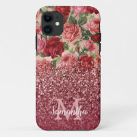 Rose Gold Glitter Vintage Red Pink Rose Floral