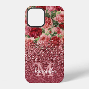Rose Gold Glitter Vintage Red Pink Rose Floral iPhone 12 Case