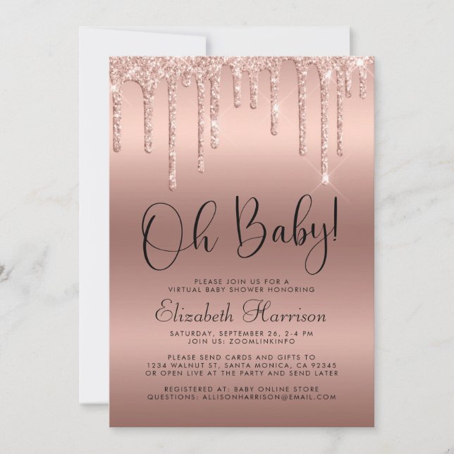 Rose Gold Glitter Virtual Baby Shower Invitation (Front)
