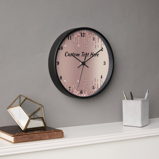 Rose Gold Glitter Wall Clock with Custom Text (Office)