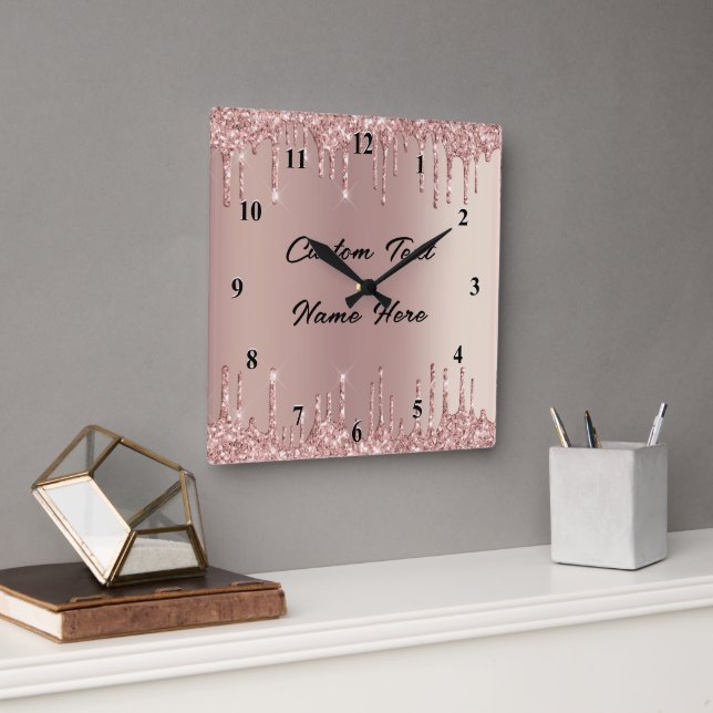 Rose Gold Glitter Wall Clock with Custom Text (Office)