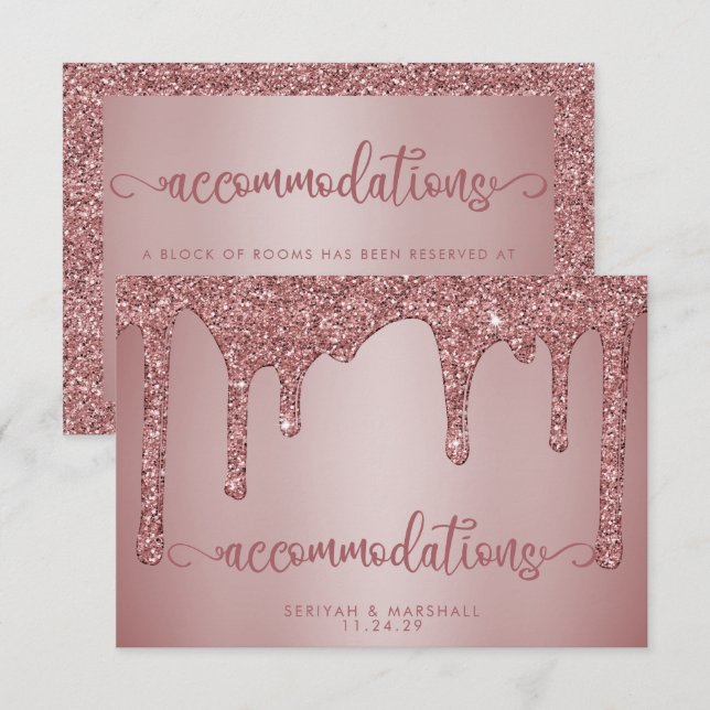 Rose Gold Glitter Wedding Accommodations Enclosure Card (Front/Back)