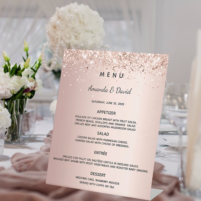 Rose gold glitter wedding dinner menu pedestal sign (Creator Uploaded)