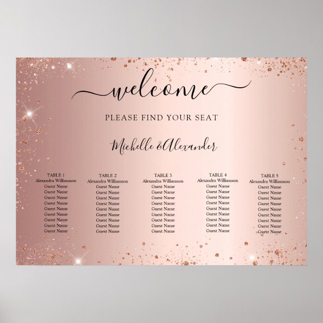 Rose gold glitter wedding seating chart (Front)