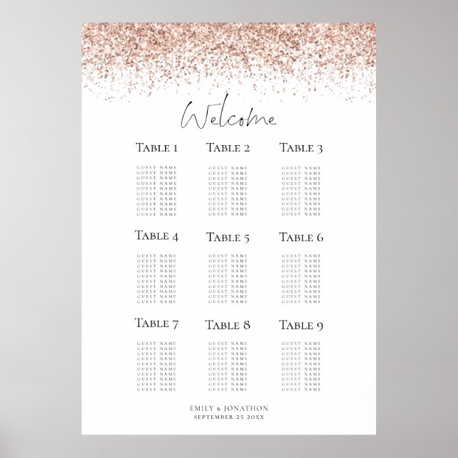 Rose Gold Glitter Welcome Script Seating Chart (Front)
