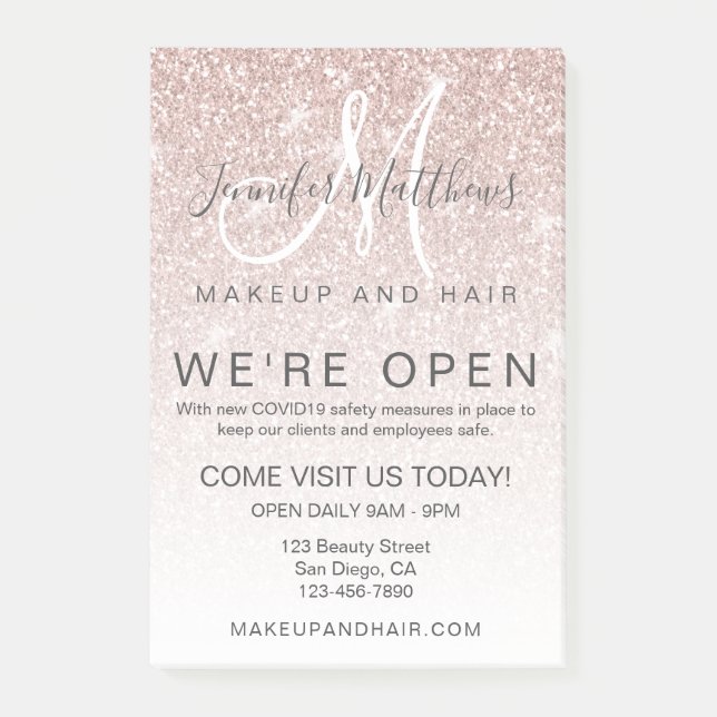 Rose Gold Glitter We're Open Salon COVID Safe Post-it Notes (Front)