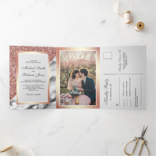 Rose Gold Glitter White Marble All in One Wedding Tri-Fold Invitation