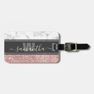 Rose Gold Glitter White Marble Glam Monogram Luggage Tag