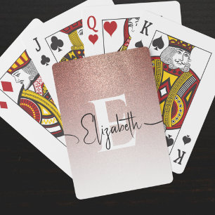Rose Gold Glitter White Monogram Black Script Name Playing Cards
