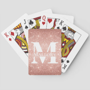 Rose Gold Glitter + White Monogram Custom Name Playing Cards