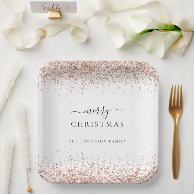 Rose Gold Glitter White Name Merry Christmas  Paper Plate (Wedding)