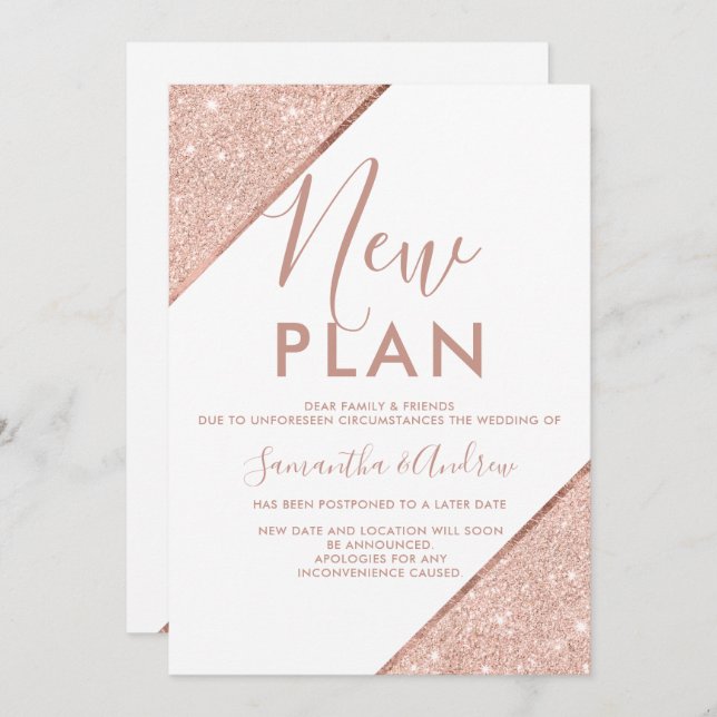 Rose gold glitter white wedding new plan postponed invitation (Front/Back)