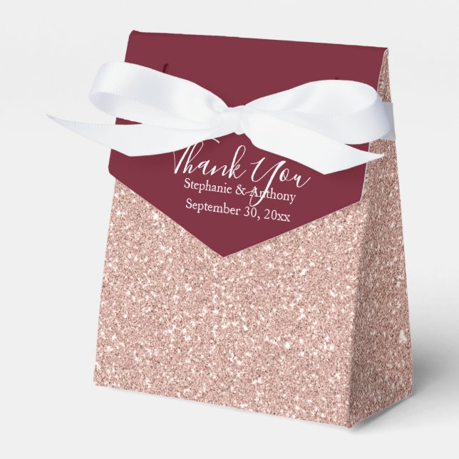 Rose Gold Glitter with Burgundy Wedding Thank You Favor Box (Front Side)
