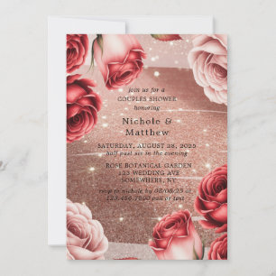 Rose Gold Glitter with Red Roses Couples Shower Invitation