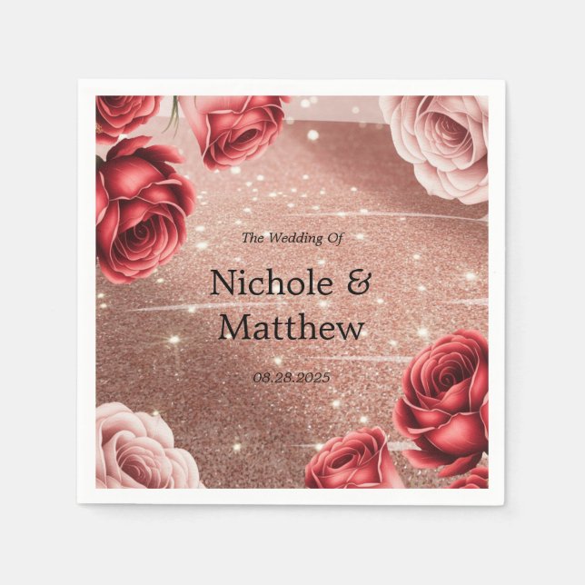 Rose Gold Glitter with Red Roses Wedding Napkin (Front)