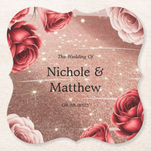 Rose Gold Glitter with Red Roses Wedding Paper Coaster
