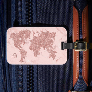 Rose Gold Glitter World Map Blush Marble Luggage Tag