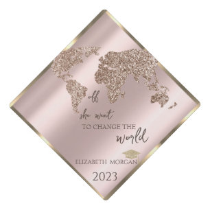 Rose Gold Glitter World Map,Grad Cap - Message