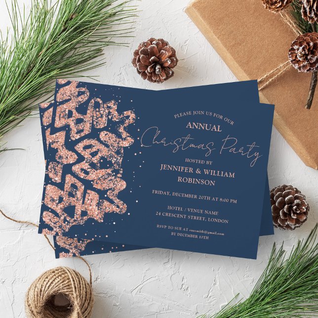 Rose Gold Glitter Xmas Snowflake Holiday Navy  Invitation (Rose Gold Glitter Xmas Snowflake Holiday Navy Invitation)