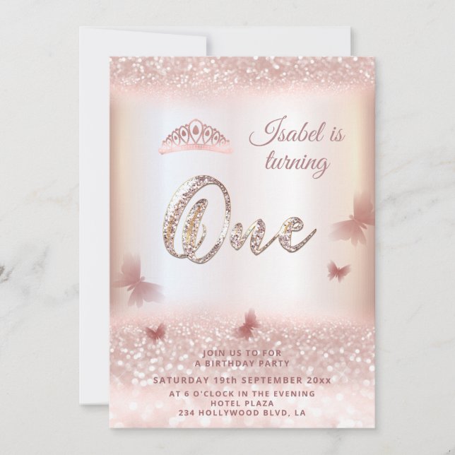 Rose gold glittery butterfly tiara calligraphy invitation (Front)