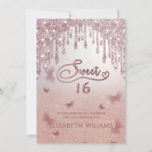 Rose gold glittery drips ombre butterfly invitati invitation