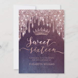 Rose gold glittery drips ombre tiara invitation