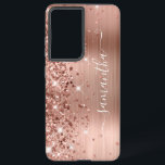 Rose Gold Glittery Foil Girly Signature Samsung Galaxy Case<br><div class="desc">Girly faux sparkly rose gold glitter highlights on the left edge, over a faux blush and rose gold ombre brushed metal foil. The modern girly signature features an elegant white calligraphy font with decorative tails in a vertical format. Customize the font styles or move the sparkle graphics to create your...</div>