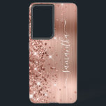 Rose Gold Glittery Foil Girly Signature Samsung Galaxy Case<br><div class="desc">Girly faux sparkly rose gold glitter highlights on the left edge, over a faux blush and rose gold ombre brushed metal foil. The modern girly signature features an elegant white calligraphy font with decorative tails in a vertical format. Customize the font styles or move the sparkle graphics to create your...</div>
