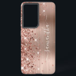 Rose Gold Glittery Foil Girly Signature Samsung Galaxy Case<br><div class="desc">Girly faux sparkly rose gold glitter highlights on the left edge, over a faux blush and rose gold ombre brushed metal foil. The modern girly signature features an elegant white calligraphy font with decorative tails in a vertical format. Customize the font styles or move the sparkle graphics to create your...</div>