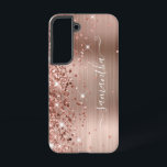 Rose Gold Glittery Foil Girly Signature Samsung Galaxy Case<br><div class="desc">Girly faux sparkly rose gold glitter highlights on the left edge, over a faux blush and rose gold ombre brushed metal foil. The modern girly signature features an elegant white calligraphy font with decorative tails in a vertical format. Customize the font styles or move the sparkle graphics to create your...</div>