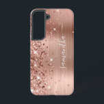 Rose Gold Glittery Foil Girly Signature Samsung Galaxy Case<br><div class="desc">Girly faux sparkly rose gold glitter highlights on the left edge, over a faux blush and rose gold ombre brushed metal foil. The modern girly signature features an elegant white calligraphy font with decorative tails in a vertical format. Customize the font styles or move the sparkle graphics to create your...</div>