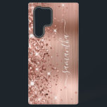 Rose Gold Glittery Foil Girly Signature Samsung Galaxy Case<br><div class="desc">Girly faux sparkly rose gold glitter highlights on the left edge, over a faux blush and rose gold ombre brushed metal foil. The modern girly signature features an elegant white calligraphy font with decorative tails in a vertical format. Customize the font styles or move the sparkle graphics to create your...</div>