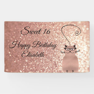 Rose gold glittery funny whimsy cat sweet 16 party banner