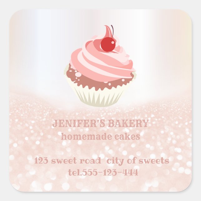 Rose gold glittery homemade cupcakes and treats square sticker (Front)
