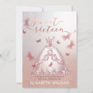 Rose gold glittery ombre dress charming butterfly invitation