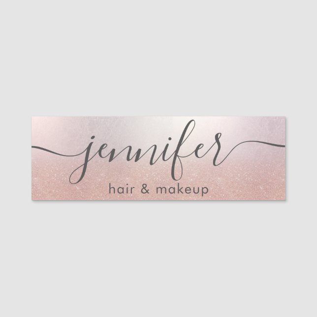 Rose gold glittery trendy script modern name tag (Front)