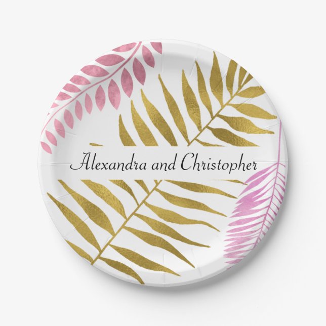 Rose Gold & Gold Foil Tropical Wedding Paper Plate (Front)