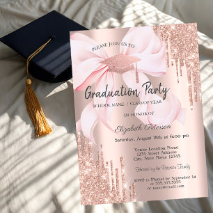 Rose Gold Grad Cap Drips Bow Photo Graduation Invitation