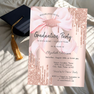 Rose Gold Grad Cap Glitter Drips Bow Graduation Invitation