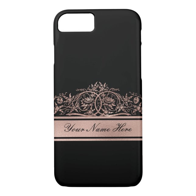 Rose Gold Gradient Metal Floral Frame on Black Case-Mate iPhone Case (Back)