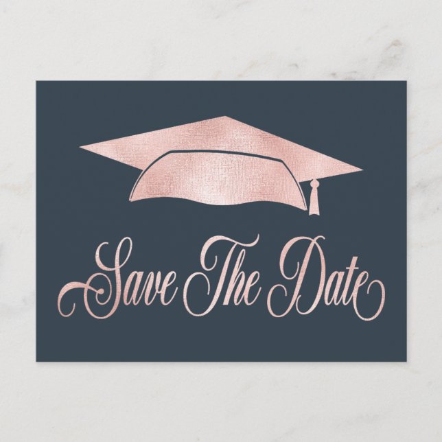 Rose Gold Graduation Cap Save The Date Blue Announcement Postcard (Front)