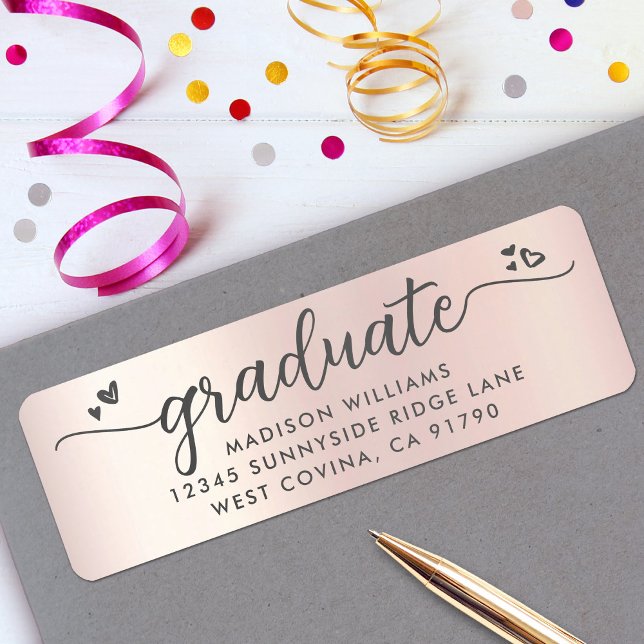 Rose Gold Graduation Script Coeurs Modern Address (Créateur téléchargé)