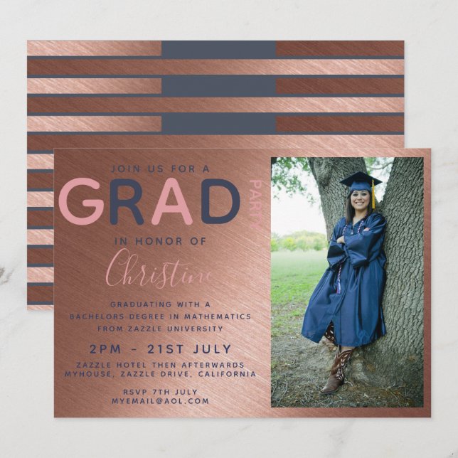 Rose Gold GRADUY PHOTO invitation Marine (Devant / Derrière)