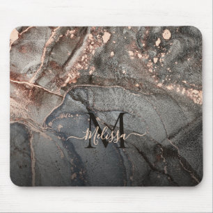 Rose Gold Gray Ink Marble Monogram  Mouse Pad