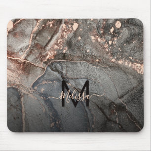 Rose Gold Gray Ink Marble Monogram Mouse Pad