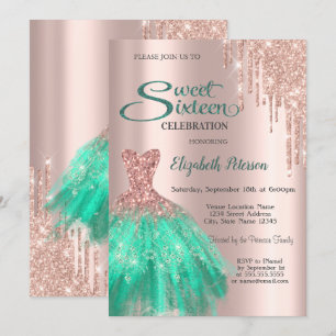 Rose Gold Green Dress Sweet 16 Invitation