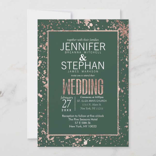 Rose Gold Green Paint Invitation au mariage (Devant)